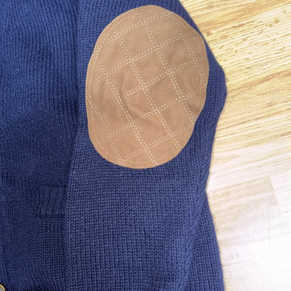 Duluth Trading Shetland Wool Cardigan Sweater Mens Med  Navy Blue‎ Elbow Patches